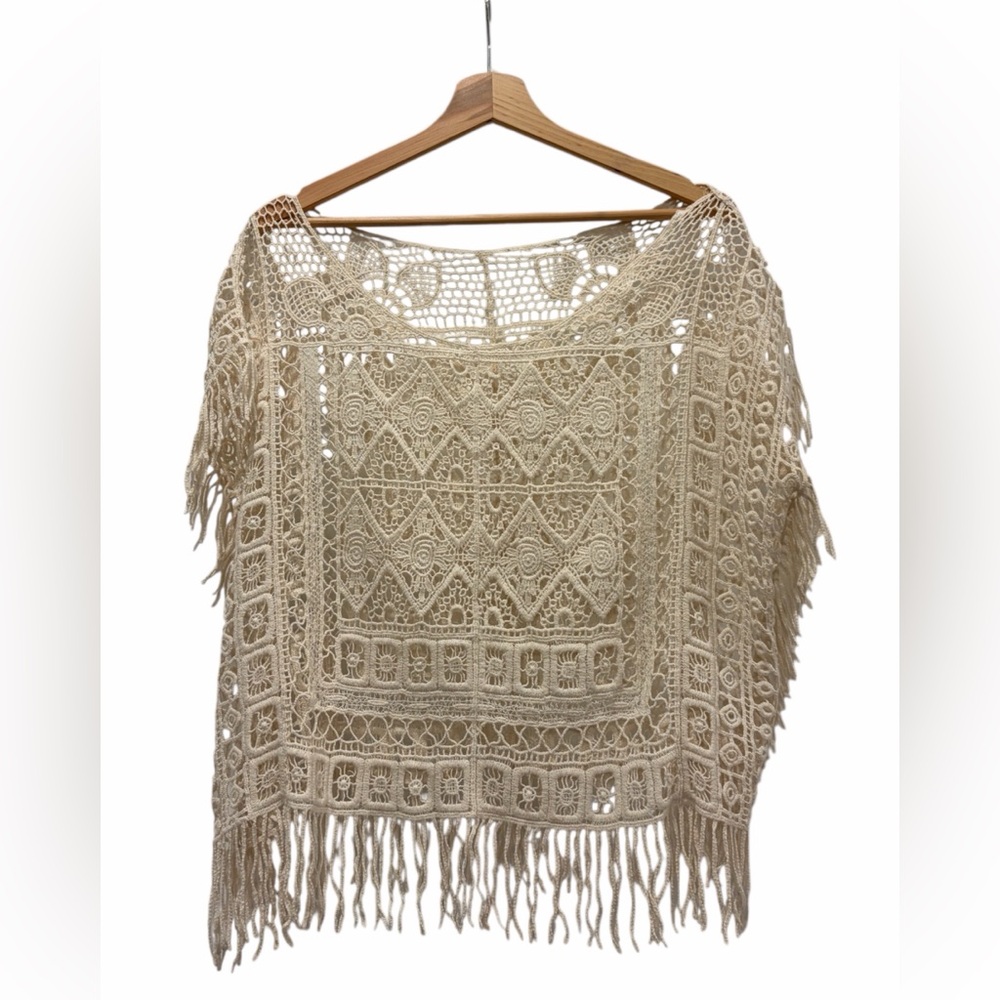 Unbranded Crochet Boho Fringe Cream Poncho Style - Size Medium - Festival